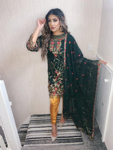 Load image into Gallery viewer, 3pc Green Embroidered Suit with yellow gold fancy trouser Stitched Suit Ready to wear
