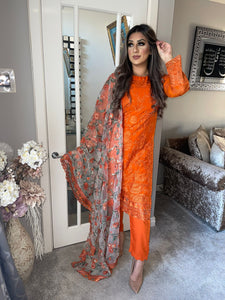 3pc Orange Embroidered Shalwar Kameez with Net dupatta Stitched Suit Ready to wear UNQ-ORANGE