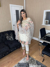 Load image into Gallery viewer, 3pc White Cream Embroidered suit with Chiffon embroidered dupatta Stitched Suit Ready to wear U-CREAM
