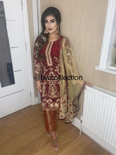 Load image into Gallery viewer, 3pc Maroon Embroidered with Net Dupatta Shalwar Kameez Stitched Suit Ready to wear
