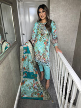 Load image into Gallery viewer, 3 pcs Stitched Baby Blue lawn suit Ready to Wear with chiffon dupatta FD-1011A
