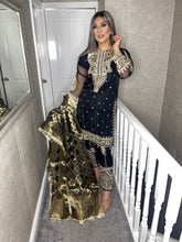 Load image into Gallery viewer, 3pc Black Net Embroidered suit with Banarsi Dupatta Stitched Suit Ready to wear LIB-NETBLACK
