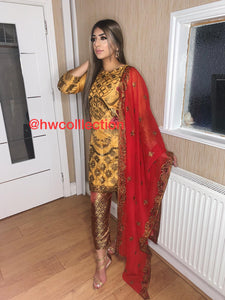 3pc Bronze Embroidered Shalwar Kameez with Red Embroidered Dupatta Stitched Suit Ready to wear