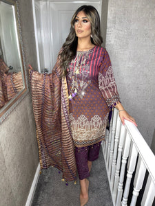 3 pcs Brown purple Lilen shalwar Suit Ready to Wear with chiffon dupatta winter AK-43