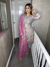 Load image into Gallery viewer, 3pc GREY  Embroidered Shalwar Kameez with PINK Chiffon dupatta Stitched Suit Ready to wear HW-GREYPINK
