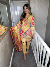 Load image into Gallery viewer, 3 pcs Stitched Yellow lawn suit Ready to Wear with chiffon dupatta FD-1015B
