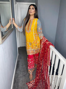 3pc Yellow chiffon Embroidered Shalwar Kameez with Red trouser and Net Dupatta Stitched Suit Ready to wear HW-YELLOWRED