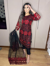 Load image into Gallery viewer, 3pc Black and Red with Net Dupatta Shalwar Kameez Stitched Suit Ready to wear UNQ-BLACKRED
