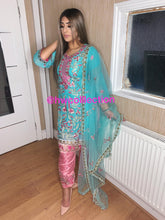 Load image into Gallery viewer, 3pc Ferozi Embroidered Shalwar Kameez with Pink Embroidered trouser Stitched Suit Ready to wear
