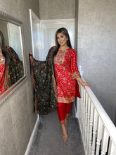 Load image into Gallery viewer, 3 pcs Stitched lawn RED shalwar Suit Ready to Wear with BLACK Chiffon dupatta OB-REDBLACK
