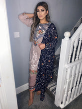 Load image into Gallery viewer, 3pc Pale pink Embroidered suit with Blue Chiffon dupatta Embroidered Stitched Suit Ready to wear HR-LightBrown
