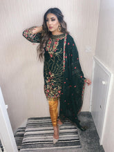 Load image into Gallery viewer, 3pc Green Embroidered Suit with yellow gold fancy trouser Stitched Suit Ready to wear
