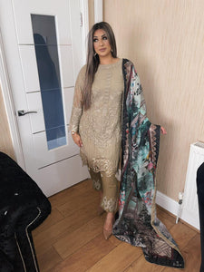 3pc Embroidered Grey with Printed chiffon Dupatta Shalwar Kameez Stitched Suit Ready to wear AN-BJZ08