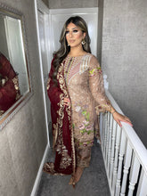 Load image into Gallery viewer, 3pc Nude Embroidered suit with Maroon Chiffon dupatta Stitched Suit Ready to wear HW-NUDEMAROON

