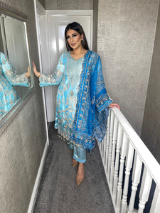 3pc Sky Blue Embroidered Shalwar Kameez with ORGANZA dupatta Stitched Suit Ready to wear HW-MKSKYBLUE