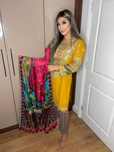 Load image into Gallery viewer, 3pc Mustard Embroidered Shalwar Kameez with Silk dupatta Stitched Suit Ready to wear AN-MUSTARD
