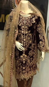 3pc Maroon Pakistani Velvet Full Embroidered Shalwar Kameez Stitched Suit Ready to wear
