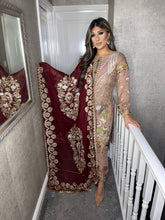 Load image into Gallery viewer, 3pc Nude Embroidered suit with Maroon Chiffon dupatta Stitched Suit Ready to wear HW-NUDEMAROON
