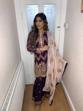 Load image into Gallery viewer, 3pc Purple Shrara suit with pink chiffon dupatta Embroidered Stitched Suit Ready to wear
