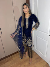 Load image into Gallery viewer, 3pc NAVY Velvet Embroidered Shalwar Kameez Stitched Suit Ready to wear HW-NAVYVELVET
