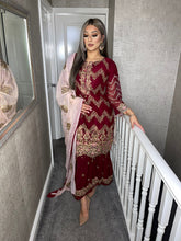 Load image into Gallery viewer, 3pc MAROON Shrara suit with pink chiffon dupatta Embroidered Stitched Suit Ready to wear JF-MAROONSHRARA
