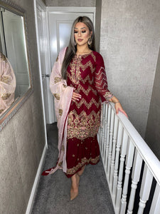3pc MAROON Shrara suit with pink chiffon dupatta Embroidered Stitched Suit Ready to wear JF-MAROONSHRARA