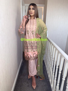 3pc Pink Embroidered Shalwar Kameez with Olive Embroidered Dupatta Stitched Suit Ready to wear