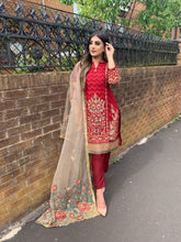 Load image into Gallery viewer, 3pc Maroon Embroidered Chiffon Shalwar Kameez Stitched Suit Ready to wear
