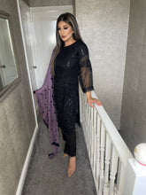Load image into Gallery viewer, 3pc Black with purple Chiffon Dupatta Shalwar Kameez Stitched Suit Ready to wear JF-BLACKPURPLE
