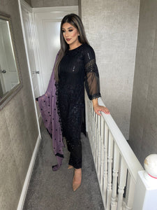 3pc Black with purple Chiffon Dupatta Shalwar Kameez Stitched Suit Ready to wear JF-BLACKPURPLE