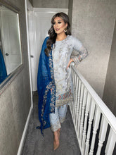 Load image into Gallery viewer, 3pc GREY Embroidered Shalwar Kameez with BLUE Chiffon dupatta Stitched Suit Ready to wear HW-GREYBLUE
