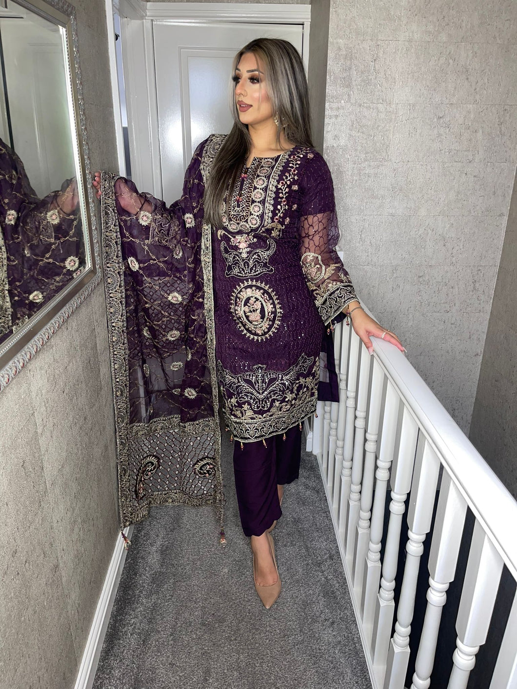 3pc PURPLE Embroidered Shalwar Kameez with NET dupatta Stitched Suit Ready to wear HW-RMPURPLE01