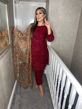 Load image into Gallery viewer, 3pc Maroon Embroidered Shalwar Kameez with Net dupatta Stitched Suit Ready to wear UNQ-MAROON
