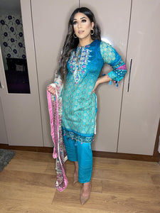 3 pcs Stitched Blue lawn shalwar Suit Ready to Wear with chiffon dupatta MB-1001A