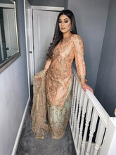 Load image into Gallery viewer, 3pc Peach and Pistachio Embroidered Lehenga Shalwar Kameez Stitched Suit Ready to wear FP-39006
