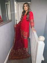 Load image into Gallery viewer, 3pc RED Embroidered Shalwar Kameez with Maroon Chiffon dupatta Stitched Suit Ready to wear KHA-RED
