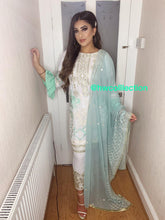 Load image into Gallery viewer, 3pc White Embroidered suit with Embroidered dupatta and flared sleeves Shalwar Kameez Ready to wear Fully Stitched
