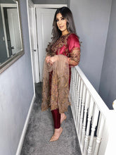 Load image into Gallery viewer, 3PC Net Burgundy Embroidered suit with Net dupatta Stitched Ready to wear HR-BURGUNDY
