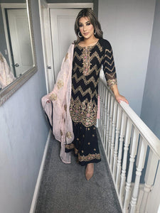 3pc Black Shrara suit with pink chiffon dupatta Embroidered Stitched Suit Ready to wear PHK-BLACKSHRARA