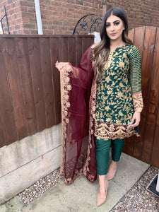 3pc Green Embroidered With Maroon Dupatta Stitched Suit Ready to wear