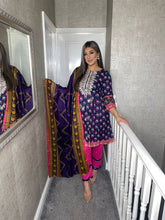 Load image into Gallery viewer, 3 pcs Stitched PURPLE PINK LAWN Frock shalwar Suit Ready to wear lawn summer Wear with LAWN dupatta NE-PURPLEFROCK
