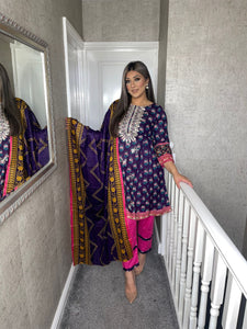 3 pcs Stitched PURPLE PINK LAWN Frock shalwar Suit Ready to wear lawn summer Wear with LAWN dupatta NE-PURPLEFROCK