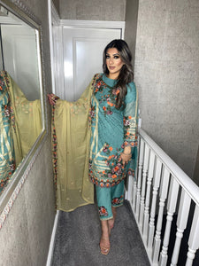3pc  Sea Blue Embroidered suit with Lemon Green Chiffon dupatta Embroidered Stitched Suit Ready to wear HW-1753
