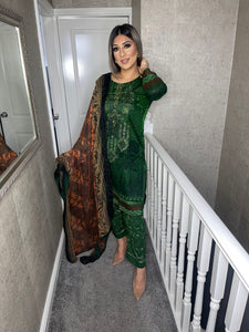 3 pcs Stitched Green lawn shalwar Suit Ready to Wear with Chiffon dupatta AK-249