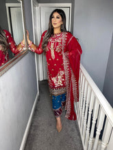 Load image into Gallery viewer, 3pc RED Embroidered suit with BLUE TROUSER and chiffon dupatta Stitched Suit Ready to wear KH-REDBLUE
