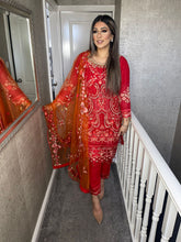 Load image into Gallery viewer, 3pc RED Embroidered Shalwar Kameez with NET dupatta Stitched Suit Ready to wear HW-1876
