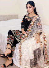 Load image into Gallery viewer, 3pc Black chiffon Embroidered Shalwar Kameez with Net Embroidered Dupatta Stitched Suit Ready to wear KH-BLACK
