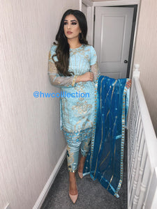 3pc Embroidered Blue Organza Shalwar Kameez Stitched Suit Ready to wear