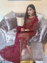 Load image into Gallery viewer, 3pc Maroon with Gold Embroidered Shalwar Kameez Stitched Suit Ready to wear
