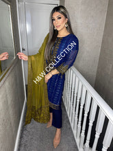 Load image into Gallery viewer, 3pc NAVY Embroidered Shalwar Kameez with Olive Chiffon dupatta Stitched Suit Ready to wear AN-NAVYOLIVE
